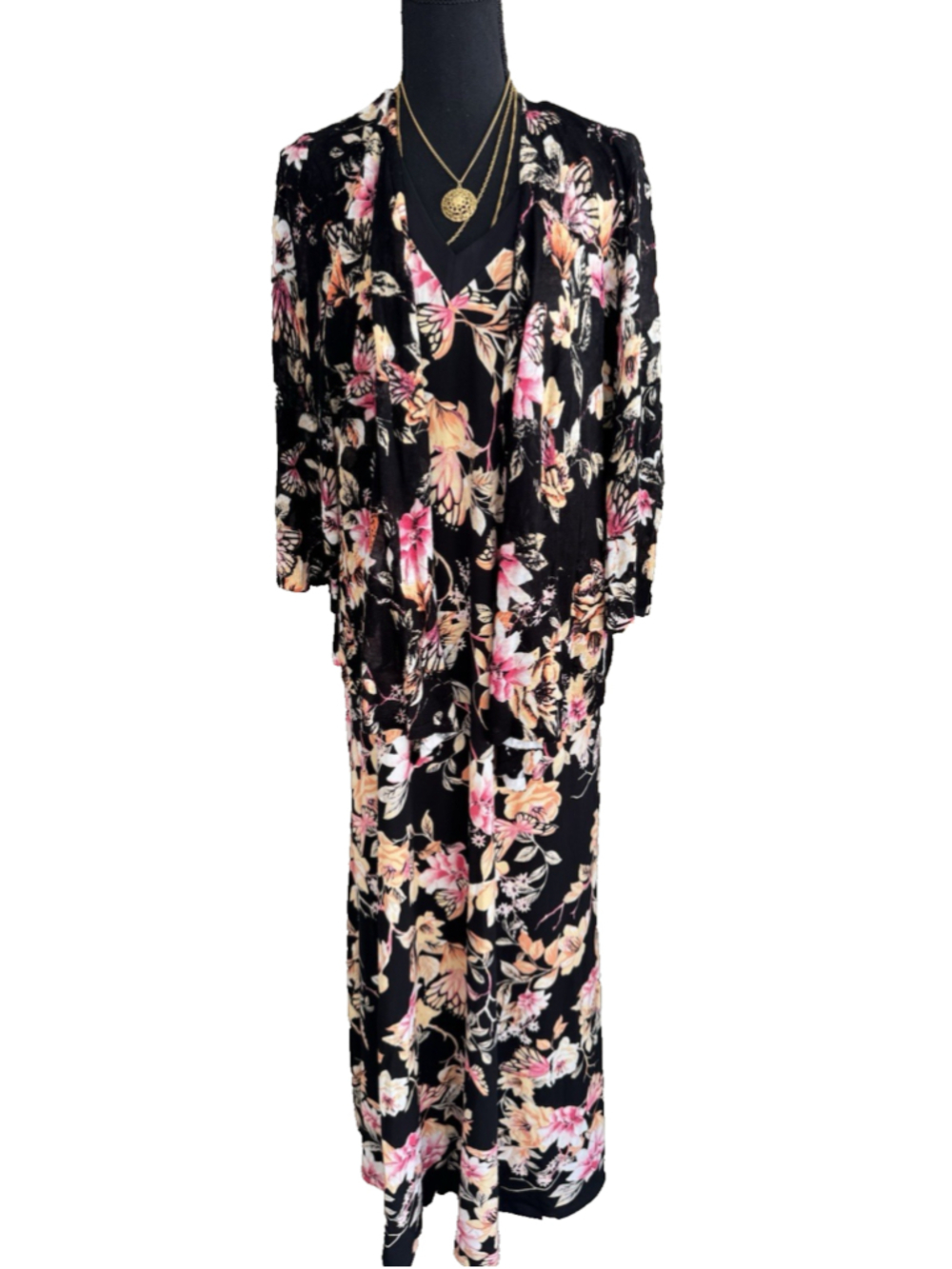 Chicos Maxi Dress & Thin Cardigan Sweater Set 3 XL Black Floral Butterfly NEW